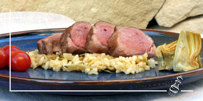 schweinefleisch niedergar mit artischocken risotto